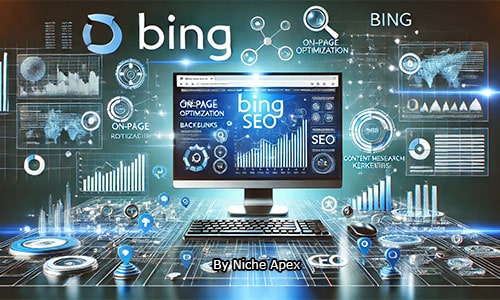 Bing SEO elements and computer monitor with Bing SEO text and metrics