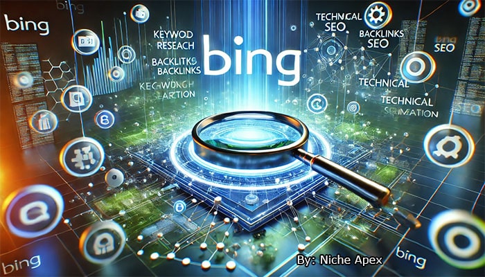 Guide to Bing SEO with magnifying glass in center