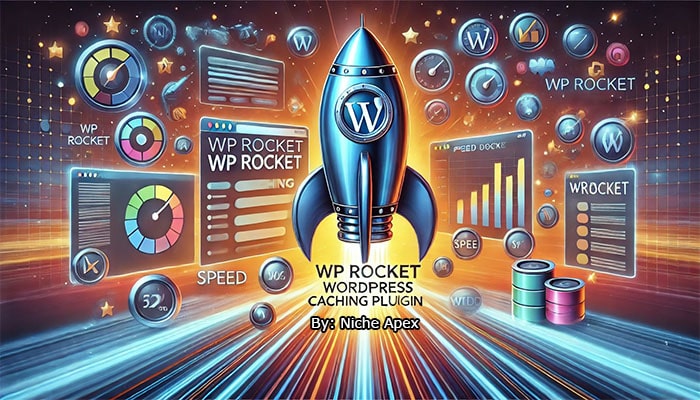 WordPress WP Rocket Review with rocket launching and graphs